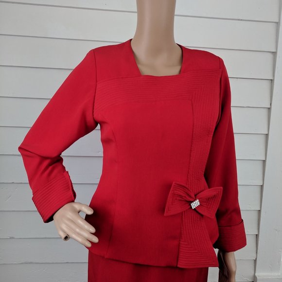 Red Suit Jacket Skirt Holiday Christmas Church 80s - Picture 7 of 9